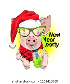 Vector pig - santa claus in a red cap  and red scarf. Hand drawn illustration of dressed piggy with glasses and cocktail.