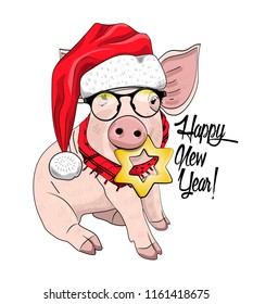 Vector pig - santa claus in a red cap  and red scarf. Hand drawn illustration of dressed piggy with glasses and gold star