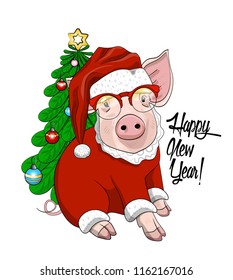 Vector pig - santa claus in a red cap. Hand drawn illustration of dressed piggy with red glasses and spruce. Happy New Year. 