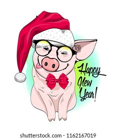 Vector pig - santa claus in a red cap  and red scarf. Hand drawn illustration of dressed piggy with glasses and red bow. Happy New Year. 