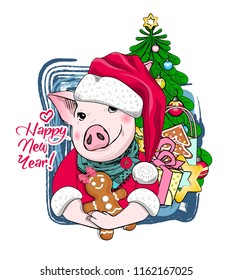 Vector pig - santa claus in a red cap  and red scarf. Hand drawn illustration of dressed piggy with presents, christmas gingerbread and spruce. Happy New Year. 