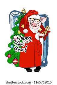 Vector pig - santa claus in a red cap. Hand drawn illustration of dressed piggy with glasses, and spruce. Happy New Year. 