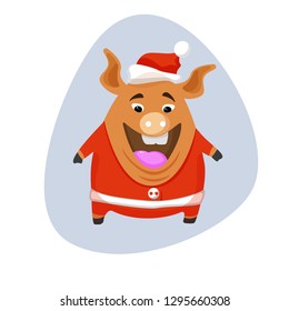 Vector pig - Santa Claus in a red cap and costume. Cartoon illustration.