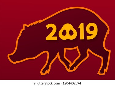 Vector pig silhouette with 2019 numbers symbol of new year