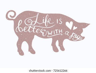 Vector pig silhouette with hand drawn lettering isolated on white background. Cute illustration for your design.