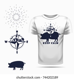 Vector pig silhouette view side for retro logos, emblems, badges, labels template vintage design element. Isolated on t-shirt blank