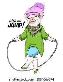 Vector pig with skipping rope. Vector swine with pink beret, scarf, dress and jumping-rope. Hand drawn illustration of dressed piggy.