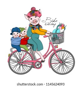 Vector pig with two piglets and bike. Hand drawn illustration of dressed pigs. 2