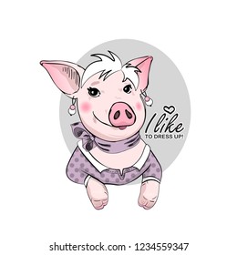 Vector pig with violet dress and scarf. Hand drawn illustration of dressed piggy. Fashion pig-girl.