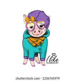 Vector pig with violet hat, blue overalls, yellow bow, scarf and pink glasses. Hand drawn illustration of dressed piggy. Fashion pig-girl.