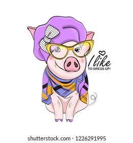 Vector pig with violet hat, bow, scarf  and yellow glasses . Hand drawn illustration of dressed piggy. Fashion pig-girl.