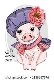 Vector pig with violet hat, flower and knitted scarf. Hand drawn illustration of dressed piggy.