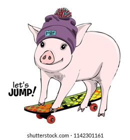 Vector pig with violet hat and skateboard. Hand drawn illustration of dressed pig. 2