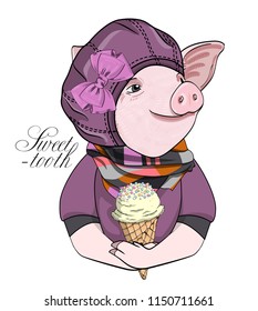 Vector pig with violet hat,bow and  ice cream. Hand drawn illustration of dressed piggy. 