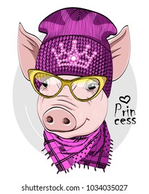 Vector pig with violet knitted hat, glasses and scarf. Hand drawn illustration of dressed piggy. 
