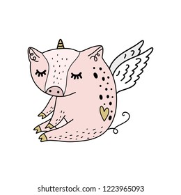 Vector pig with wings. Funny unicorn and pegasus art. Magical fantasy creature. Poster and banner element, children's book illustration, postcard, gift card, print, sticker, label and other. Isolated