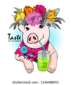 Vector pig with wreath and glass. Hand drawn illustration of dressed piggy.  Pig and cocktail. Cocktail party.