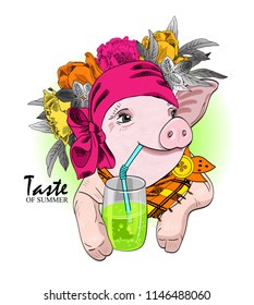 Vector pig with wreath and glass. Hand drawn illustration of dressed piggy.  Pig and cocktail. Cocktail party.