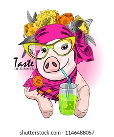 Vector pig with wreath, glasses and glass. Hand drawn illustration of dressed piggy.  Pig and cocktail. Cocktail party.