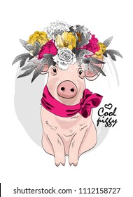 Vector pig with wreath and pink bow. Hand drawn illustration of dressed piggy.