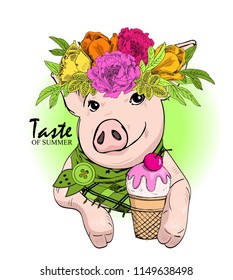 Vector pig with wreath, scarf and ice cream. Hand drawn illustration of dressed piggy. 