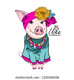 Vector pig with yellow flower, bow, necklace, green dress. Hand drawn illustration of dressed piggy. Fashion pig-girl.