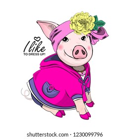 Vector pig with yellow flower, bow, necklace and pink dress. Hand drawn illustration of dressed piggy. Fashion pig-girl.