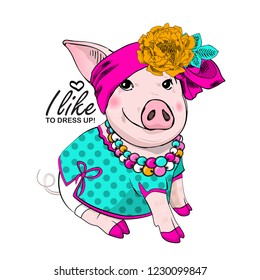 Vector pig with yellow flower, pink bow, necklace and green dress. Hand drawn illustration of dressed piggy. Fashion pig-girl.