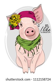 Vector pig with yellow flower and scarf. Hand drawn illustration of dressed piggy.