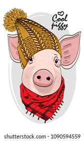 Vector pig with yellow knitted hat and red scarf. Hand drawn illustration of dressed piggy.