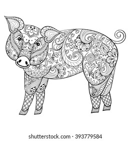 Vector  Pig. Zentangle Pig illustration, Swine print for adult anti stress coloring page. Hand drawn artistically ornamental patterned decorative animal for tattoo, boho design