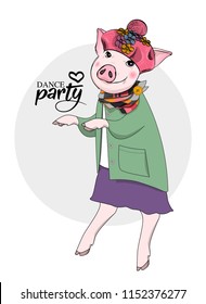 Vector pig-dancer. Hand drawn illustration of dressed pig. Dance party. 1