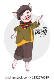 Vector pig-dancer. Hand drawn illustration of dressed pig. Dance party. 2