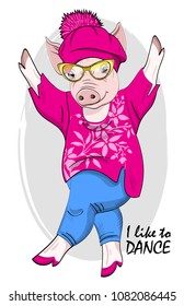 Vector pig-dancer. Vector pig with glasses, and pink beret. Hand drawn illustration of dressed piggy. 