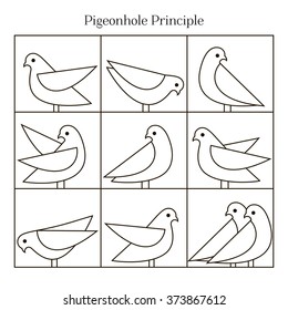 Vector Pigeonhole Principle illustration. Line illustration. Vector icons of pigeons.