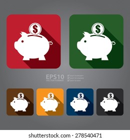 Vector : Piggy Bank With Dollar Currency Coin Flat Long Shadow Style Icon, Label, Sticker, Sign or Banner 