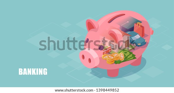 Vector of a piggy bank with dream home,\
car, education loan and cash savings inside\
