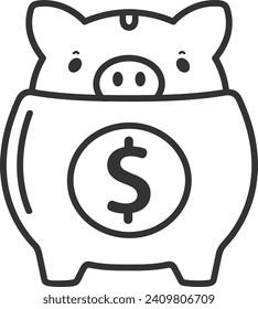 vector piggy bank front facing logo or symbol, line style, isolated white color background