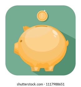 Vector Piggy bank icon in flat design with long shadows. Money savings concept.