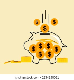 Vector piggy bank icon on yellow background. concept investment