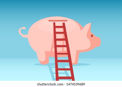 Vector of a piggy bank with a ladder. Savings concept 