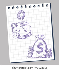 vector piggy bank and money