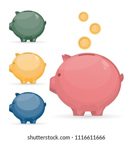 Vector piggy bank set with different color in flat style. Money savings concept.