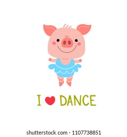 Vector Piggy dancer symbol 2019. Cartoon illustration for Christmas card, prints, calendar, sticker, invitation, baby shower, children clothes, posters.