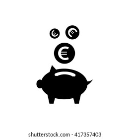 vector piggy money bank in hand icon, money box flat design black pictogram isolated on white background, savings symbol, banking sign