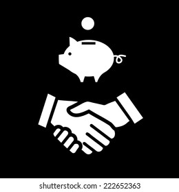 vector piggy money bank with handshake icon | modern white flat design pictogram isolated on black background