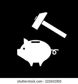 vector piggy money bank icon with hammer ready to strike | modern white flat design pictogram isolated on black background