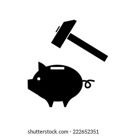 vector piggy money bank icon with hammer ready to strike | modern black flat design pictogram isolated on white background