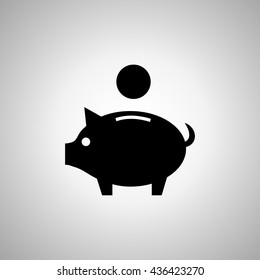 vector piggy money bank icon,  flat design black pictogram on gray background