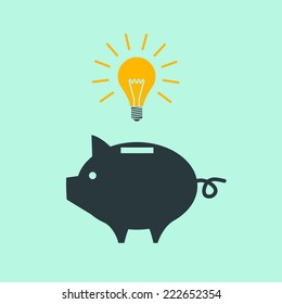 vector piggy money box new idea with bulb icon | modern flat design pictogram isolated on green background